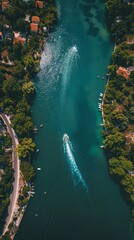 Wall Mural - A boat leaves a white wake as it sails through a calm inlet