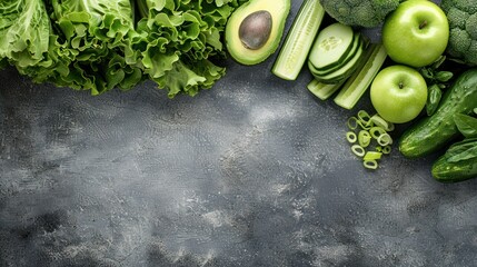 copy space image of fresh and green vegetables and fruits including lettuce cucumbers green onions a