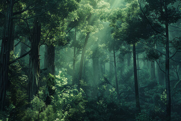 Wall Mural - a forest where endangered trees are threatened by external factors such as logging, climate change, 