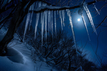 Wall Mural - the serene beauty of icicles under the glow of moonlight, emphasizing the quiet and mystical atmosph