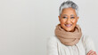 © Stale Patterns - Smiling woman portrait in cozy scarf. Cheerful female with short gray hair exuding warmth and confidence against a neutral backdrop. Elegant and inviting expression capturing joyful essence