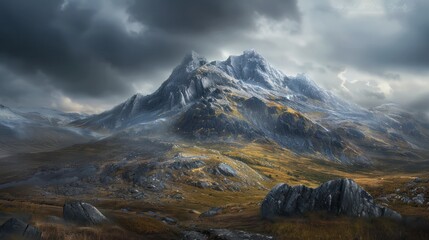 Majestic Dark Mountain Landscape under Foreboding Sky in Wilderness