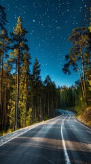 Wall Mural - A winding road leads through a forest, with a clear view of the night sky