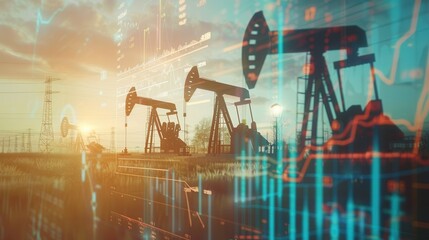 Aufkleber - Silhouetted oil pumpjacks in a field operate at sunset, overlaid with digital financial charts. Generative AI