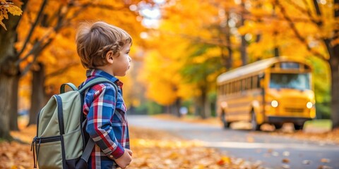 A child is standing by the roadside, waiting for the school bus on a beautiful autumn day