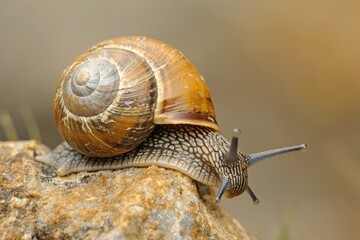 Detailed close-up of a snail crawling on a rock, showcasing nature's beauty and wildlife photography.