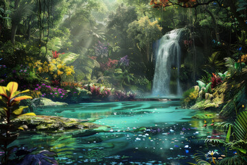 Wall Mural - an image depicting a hidden waterfall cascading into a crystal-clear pool within a virgin forest - g