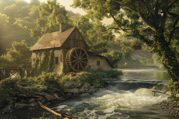 Wall Mural - a traditional watermill set in a serene, natural landscape, emphasizing the harmony between historic