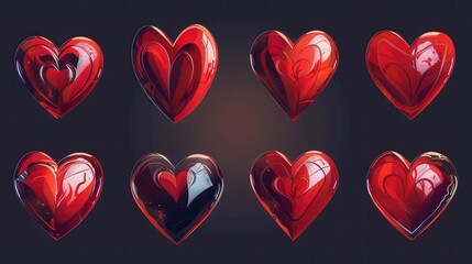 Poster - Eight red hearts with various styles and poses. Generative AI