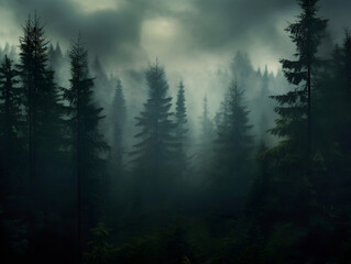 Wall Mural - Mystic foggy dark green pine tree forest, landscape background	
