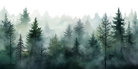 Wall Mural - Mystic foggy dark green pine tree forest, landscape background	
