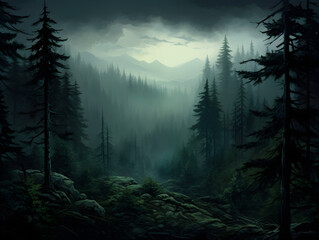 Wall Mural - Mystic foggy dark green pine tree forest, landscape background	
