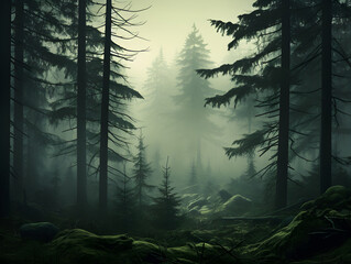 Wall Mural - Mystic foggy dark green pine tree forest, landscape background	
