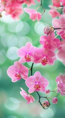 Wall Mural - Pink orchids bloom gracefully against a soft green background