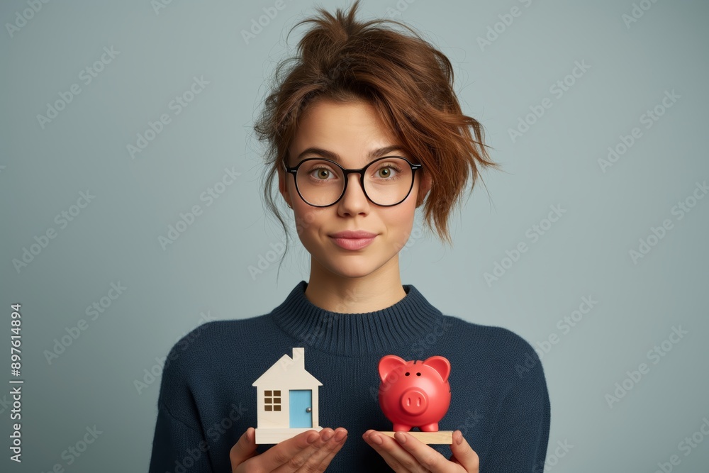 Young woman with eyeglasses holding a small house model and piggy bank ...