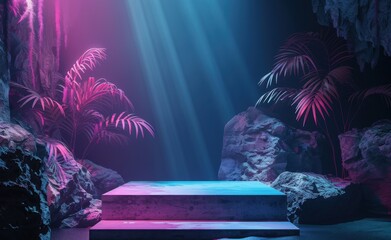 Wall Mural - Moody room with product podium, tropical elements, soft light, neon lines. 3D Rendering Mock up