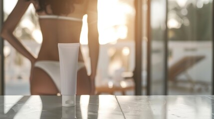 Wall Mural - White cosmetic tube on table in bathroom background with blurred woman