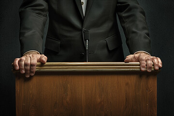 Close-up of a speaker's hands gripping a podium, symbolizing authority and the seriousness of delivering a public address.