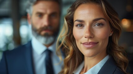 Wall Mural - A woman with blonde hair smiles confidently while standing next to a man wearing a suit