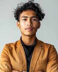 Wall Mural - Young man with curly hair wearing a brown jacket