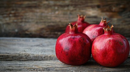 Aufkleber - Three ripe pomegranates with visible seeds rest on a rustic wooden surface. The pomegranates have a deep red hue and appear juicy and fresh. Generative AI