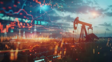 Poster - An oil pump silhouette is superimposed over a digital screen displaying financial charts and graphs with an upward trend, symbolizing the rising price of gasoline. Generative AI