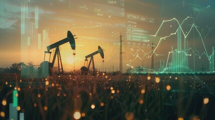 Poster - Two oil pumps in a field with financial charts superimposed, highlighting rising oil and gas costs at sunset. Generative AI