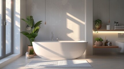 Wall Mural - A modern bathroom with a freestanding bathtub, plants, and a large window letting in natural light.