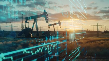 Aufkleber - Silhouettes of oil pumps against a sunset backdrop, overlaid with digital financial graphs representing rising oil prices. Generative AI