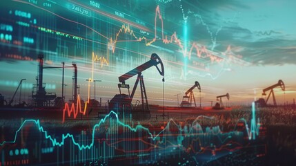 Poster - A silhouette of oil pumps against a sunset sky with a digital screen displaying financial charts overlaid on the scene. Generative AI