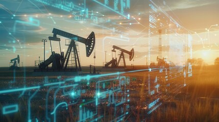Aufkleber - A field of oil pumps silhouetted against a setting sun, with a digital overlay of financial charts, illustrating the concept of rising gasoline prices. Generative AI