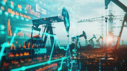 Poster - A double exposure image of oil pumps in a field at sunset with superimposed financial chart graphs. Generative AI