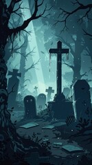 Wall Mural - A chilling depiction of a ghostly encounter in a graveyard. ,Dark Color light ,vectorline design , illustration , Mobile Wallpaper