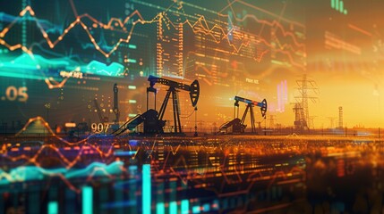 Aufkleber - Silhouettes of oil pumpjacks against a sunset sky with a digital screen displaying financial charts overlaid. Generative AI