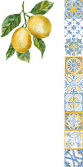 A watercolor frame with Italian tile-inspired patterns featuring juicy lemons, ideal for adding an elegant touch to wedding invitations and greeting cards. 