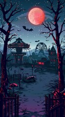 Wall Mural - A chilling depiction of a haunted amusement park at midnight. ,Dark Color light ,vectorline design , illustration , Mobile Wallpaper