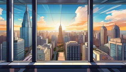 City view through the windows of an office building