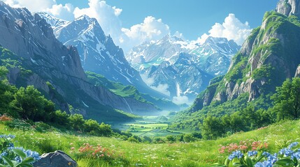 Sticker - A picturesque mountain valley, with lush, green fields and vibrant wildflowers, framed by towering, rugged peaks and a clear, blue sky, creating a serene and majestic scene Watercolor style, high