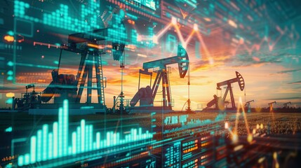 Aufkleber - Oil pumpjacks silhouette against a vibrant sunset, overlaid with financial charts and data, illustrating the connection between oil production and fluctuating fuel prices. Generative AI