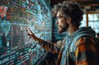 © DKPhoto - A person in casual attire studies a detailed digital screen filled with colorful data insights and analytics, indicating their involvement in complex data analysis in a modern setting.