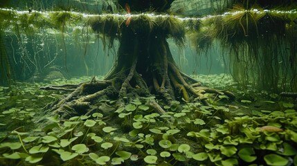 Wall Mural - Roots of duckweed underwater sight