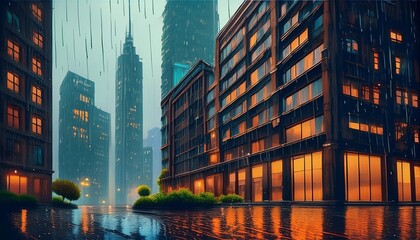 Exterior walls and windows of a building soaked in the rain