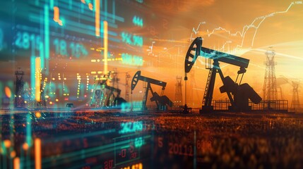 Aufkleber - Silhouetted oil pumps stand in a field at sunset as digital financial charts rise in the background. Generative AI