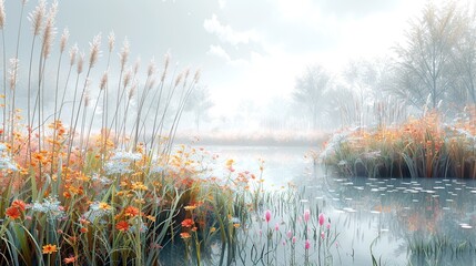 Sticker - A serene, misty wetland, with tall reeds swaying gently in the breeze, their tips glistening with dew, and a variety of colorful, blooming aquatic plants dotting the landscape Watercolor style, high