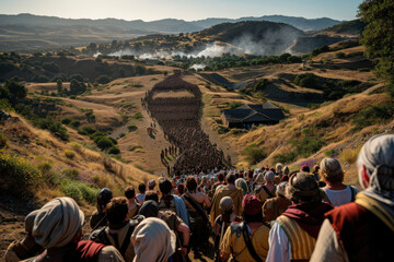 An extensive procession of an ancient army marches through a scenic hilly landscape, dressed in traditional garb and armor, indicating epic strife and heroic journeys in the distant past.