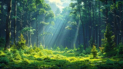 Canvas Print - A sunlit forest glade, with rays of light streaming through the tall, majestic pine trees, illuminating the vibrant green undergrowth and creating a tranquil, serene atmosphere Watercolor style, high