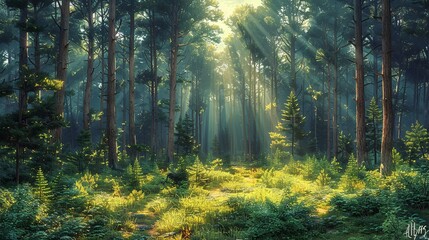 Wall Mural - A sunlit forest glade, with rays of light streaming through the tall, majestic pine trees, illuminating the vibrant green undergrowth and creating a tranquil, serene atmosphere Watercolor style, high