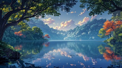 Poster - A tranquil lake surrounded by a lush, verdant forest, with the still waters reflecting the vibrant colors of the trees and the sky, creating a serene and picturesque landscape Watercolor style, high