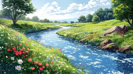 Sticker - A tranquil river winding its way through a lush, verdant meadow, with wildflowers blooming along its banks, their vibrant colors reflecting in the clear, sunlit waters Watercolor style, high