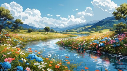 Poster - A tranquil river winding its way through a lush, verdant meadow, with wildflowers blooming along its banks, their vibrant colors reflecting in the clear, sunlit waters Watercolor style, high